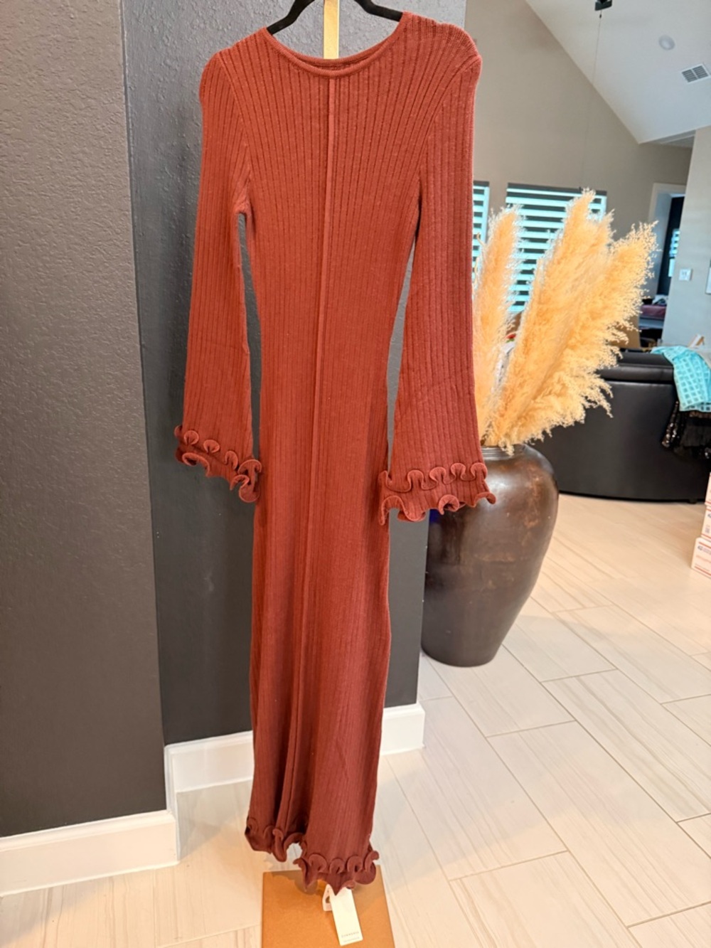 Commense Rust Ribbed Maxi Dress with Ruffle Bell Cuffs - Picture 2 of 3